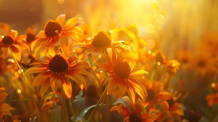 Wall Mural - Rudbeckia basking in sunlight, employing cinematic framing to capture the serenade of natural colors illuminated by the sun