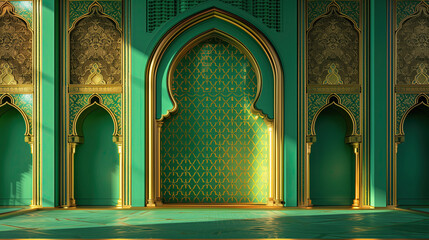 futuristic archway background, framed by green and gold wall. green and gold background with an arched door. ramadan kareem banner background. ramadan kareem holiday celebration concept