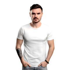 Handsome young man in white t shirt on grey background