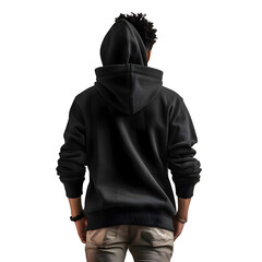 Wall Mural - Back view of young african american man wearing black hoodie and jeans isolated on white background