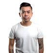 Portrait of Asian man in white t shirt on grey background