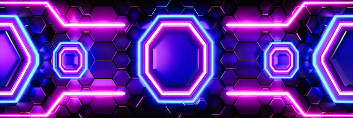 Poster - Neon Blue and Purple Light in Abstract Technology Background. Modern Futuristic Design in Dark Space