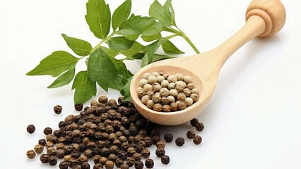 Wall Mural - Wooden spoon filled with peppercorn next to pile of peppercorns