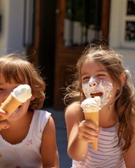 Joyful Children Eating Ice Cream Cones on a Sunny Summer Day with ice cream in their faces