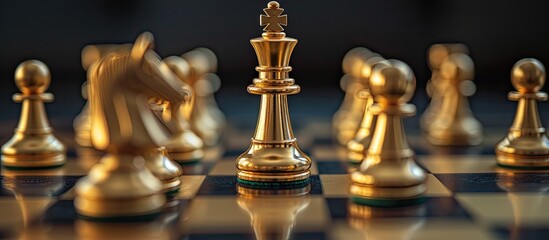 Canvas Print - A chess board is shown with gold pieces strategically placed on the board. The pieces are positioned for a competitive game.