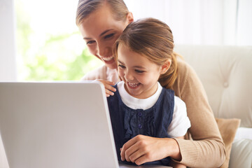 Poster - Laptop, education or smile with mother and daughter on sofa in living room of home to study together. School, elearning or online homework with woman parent and girl child in apartment for growth