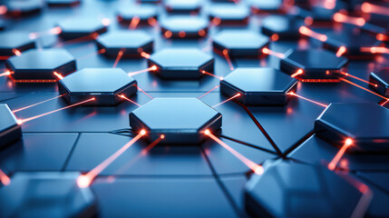 Wall Mural - Hexagonal Molecular Structure in Science Concept. Futuristic Networking Design in a Blue Abstract Background