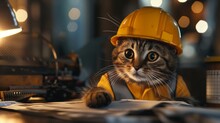 Adorable Tabby Cat Wearing A Yellow Safety Helmet At A Construction Site Themed Setup