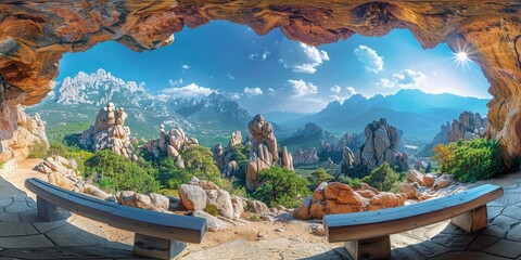 Wall Mural - Stunning scenery of rocky mountains perched on cliffs, and lush greenery.