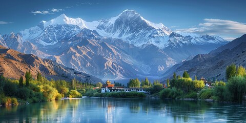 Wall Mural - The breathtaking mountain landscape with snow-capped peaks, pristine lakes and vibrant autumn colors is ideal for adventure and trekking.