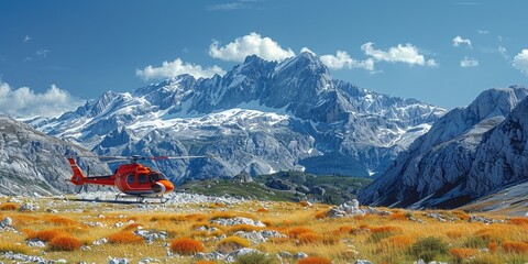 Wall Mural - Majestic mountain landscape with helicopter showing the beauty of the alpine scenery on a sunny day.