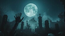 Zombie Rising And Hands Out Of A Graveyard Cemetery Scary In Spooky Dark Night Full Moon. Holiday Event Halloween Concept.