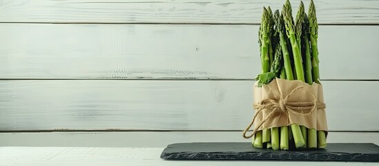 A bunch of fresh green asparagus neatly bundled in brown paper and tied with a rope, placed on a slate dish against a white wooden background.