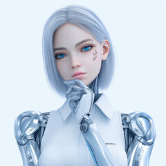 A beautiful robot girl. A futuristic female humanoid. A fantastic cyborg woman. Sci fi cyberpunk art. Hi-tech painting. The concept of artificial intelligence.