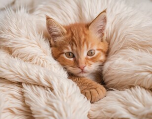 Cute little red kitten sleeps on fur blanket