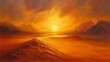 Depict the first light of day breaking over a silent desert, illuminating the endless sands