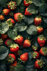 Wall Mural - Background top view of strawberries with green leaves, selective focus