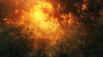 Wall Mural - Depict the last rays of sunset piercing through a dense forest, creating a mystical atmosphere