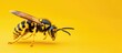A detailed view of a bee positioned on a vibrant yellow background.