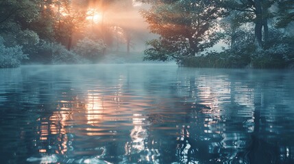 Wall Mural - Illustrate a crystal-clear pond under the first light of dawn, where every detail of the surrounding nature is mirrored below