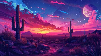 Wall Mural - Illustrate a desert scene at sunset, with cactus silhouettes standing tall against a colorful sky