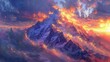 Portray a mountain summit at sunrise, where the world seems to awaken under a canopy of fiery skies