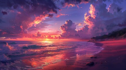 Wall Mural - Showcase a panoramic view of a beach sunrise, where the sky transitions from night to day in a spectacular display