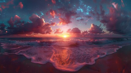 Wall Mural - Showcase a panoramic view of a beach sunrise, where the sky transitions from night to day in a spectacular display