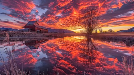 Wall Mural - Visualize a breathtaking rural sunset, where the sky is ablaze with colors, reflecting over a tranquil lake