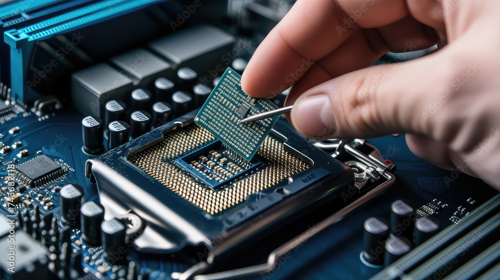 Close-up view of a Installing the processor into the motherboard with ...