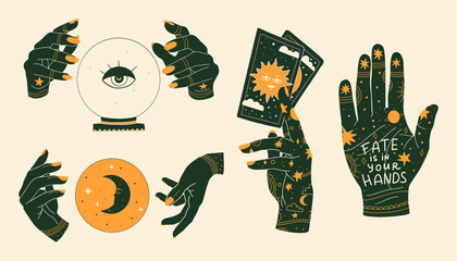 Wall Mural - mystical esoteric hands set. collection of symbols of witchcraft and magic. vector illustration.