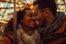 At an amusement park, a couple enjoys a romantic date night on a Ferris wheel, AI generated