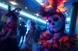 Within a bustling cosplay convention, attendees participate in a masquerade ball, AI generated