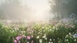 Morning mist envelops a field of wildflowers, creating an ethereal dreamscape where reality and reverie intertwine.