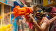 Holi revelry, a comical character, armed with an oversized water gun filled with hues, AI generated