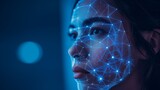 Fototapeta Przestrzenne - Woman's face with futuristic facial recognition technology mapping, concept of biometric verification and cyber security