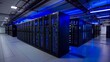 A sophisticated data center with network racks illuminated by blue lights, emphasizing advanced technology and data storage.