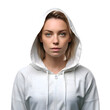 Portrait of young woman in white hoodie on white background.