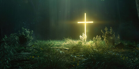 Canvas Print - glowing Cross in a meadow with copy space