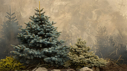 Wall Mural - Dwarf Alberta Spruce in a garden setting, employing cinematic framing to highlight its natural colors and convey an atmosphere of timeless elegance