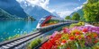 Modern Train Gliding Past a Colorful Floral Bloom with Majestic Alpine Mountains Reflecting in the Crystal Clear Lake, Generative AI