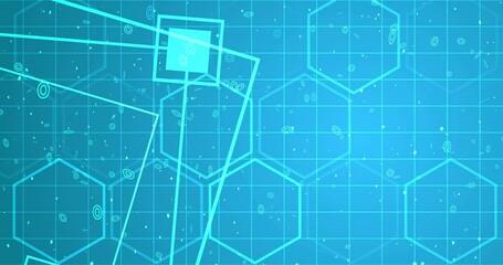 4K Hexagon network with square geometry shapes moving. Innovation science tech loop. Blinking polygons mesh futuristic chemistry molecules atom movement. Global cyber worldwide connections concept bg.