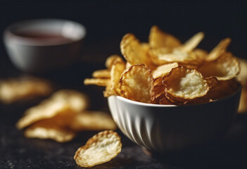 Wall Mural - Crispy potato chips in a cup on a dark background tinted