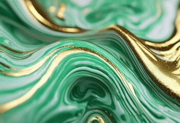 Diagonal mint green waves and gold particles Fluid Art Abstract marble background or texture