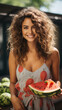 Woman with radiant smile holding slice of watermelon, fresh summer vibe.