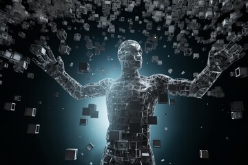 a robot with human body made of disintegrating squares and cubes, standing in front of a digital background with abstract particles in space, cybernetics, computer rendering