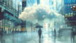Regenschirm Marketing in sonniger Stadt mit einer einzigen Regenwolke über einer Person mit Regenschirm Generative AI