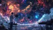 Surreal artwork of a person gazing at a vibrant cosmic sky with galaxies and nebulae, blending fantasy with reality.