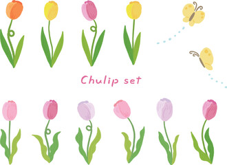 Wall Mural - Tulips and butterflies, cute hand-drawn illustration set / チューリップと蝶(ちょうちょ)、かわいい手描きイラストセット