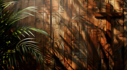 Wall Mural - Palm sunday background. Cross and palm on wooden background
